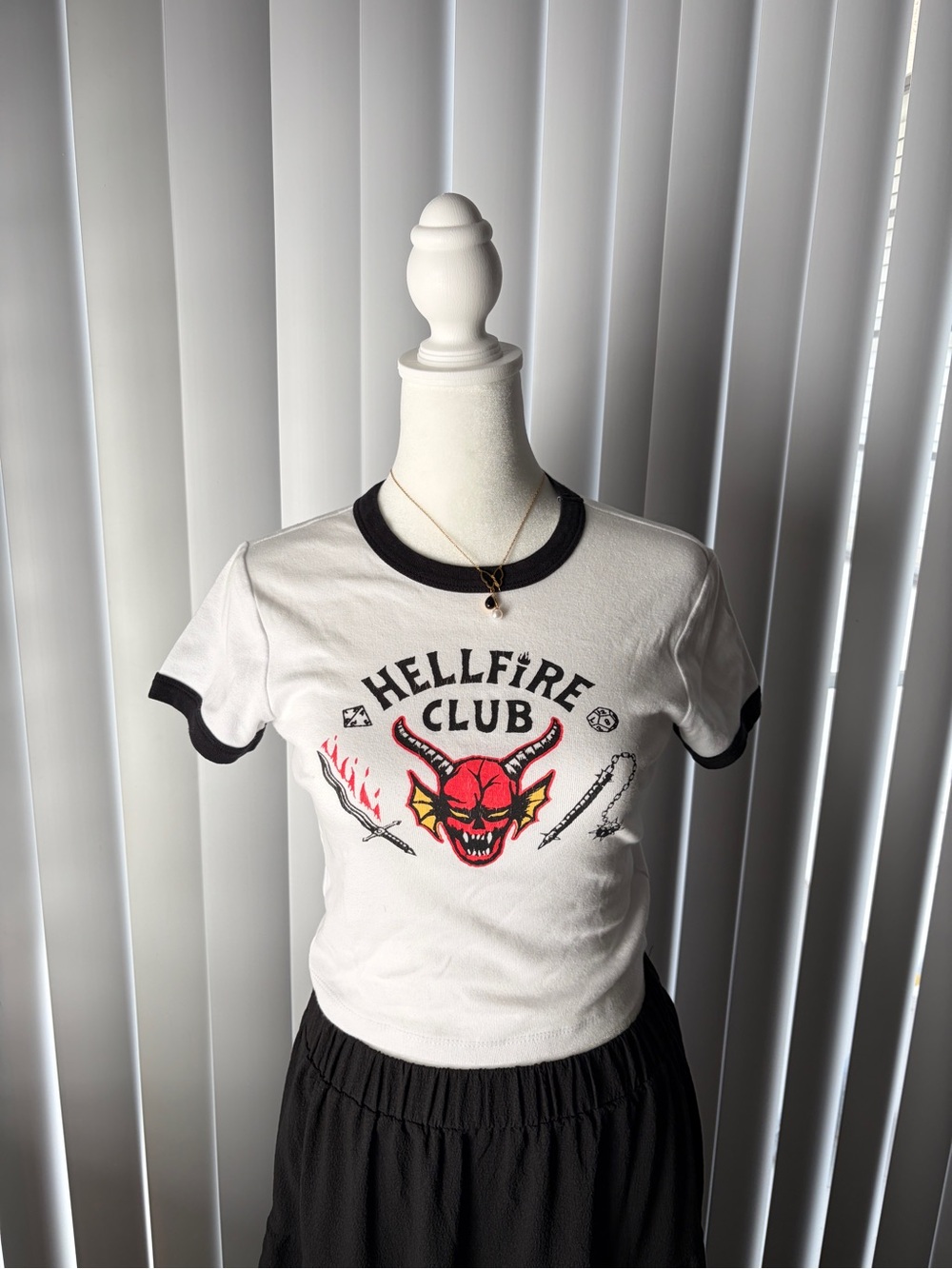 Netflix White Hellfire Club Ringer Tee with Black Trim
